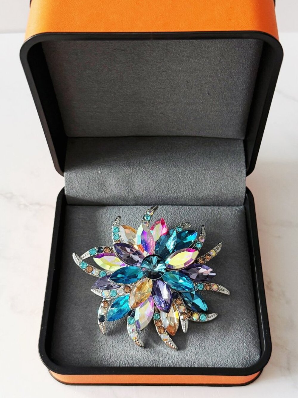 Teal Blue, Purple & Iridescent Rhinestone Flower Brooch Pin Statement Jewelry